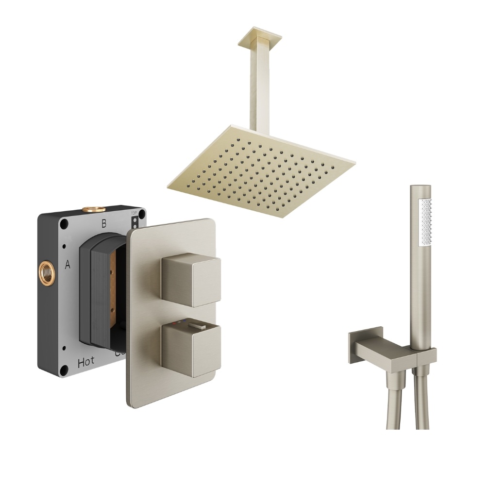 Product Cut out image of the Abacus Square Brushed Nickel 2 Outlet Shower Pack with Ceiling Head & Handset